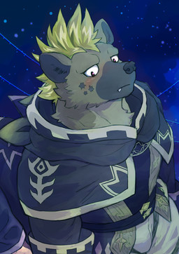 anthro blonde_hair blush bottomwear brown_body brown_fur clothed clothing fur hair looking_up male shy solo star_pattern teeth topwear sakuhuu lifewonders live_a_hero roiker hyena mammal spotted_hyena 2025 hi_res