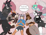 anthro clothing collar female group hair hat headgear headwear horn hug long_hair male pillow red_eyes short_hair sleeping slumber_party tail wings kambo mythology chabett doodle_(gudlmok99) lenka_(janjin192) moka_(see_is_see) ragnarok_(kambo) canid canine dragon felid feline humanoid hybrid mammal mythological_creature mythological_scalie scalie animated digital_media_(artwork) short_playtime sound webm