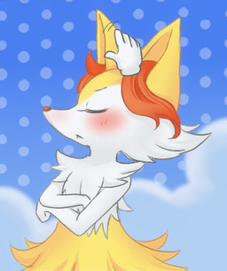 5_fingers :< ambiguous_anthro ambiguous_gender anthro arm_tuft biped blush cheek_tuft chest_tuft closed_frown crossed_arms disembodied_hand duo eyelashes eyes_closed facial_tuft fingers frown fur headpat hip_tuft inner_ear_fluff mouth_closed multicolored_body multicolored_fur orange_body orange_fur orange_inner_ear_fluff orange_nose pointy_ears prick_ears shoulder_tuft side_view solo_focus standing tailless tapering_snout tuft white_body white_fur yellow_body yellow_fur htk96 nintendo pokemon pokemon_amie braixen canid generation_6_pokemon mammal pokemon_(species) 2013 colored digital_drawing_(artwork) digital_media_(artwork) half-length_portrait low_res portrait