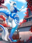 2_horns 5_fingers anthro anus big_breasts big_butt biped blue_anus blue_arms blue_claws blue_ears blue_eyes blue_legs blue_sky blue_vulva breasts butt claws feet female female_anthro finger_claws fingers flower hair horn long_hair looking_at_viewer low-angle_view macro macro_anthro macro_female mature_female nude nude_anthro nude_female nude_macro plant red_flower sky solo tail tail_tuft tuft vines vines_on_building white_breasts white_feet white_hair white_hands white_horn white_inner_ear white_tail_tuft ladnelsiya mythology iris_(darkmaster781) dragon mythological_creature mythological_scalie scalie absurd_res hi_res signature