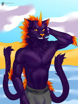 anthro clothed clothing fur hair looking_at_viewer male muscular purple_body red_body red_eyes red_fur simple_background smile smiling_at_viewer smirk smirking_at_viewer solo tail yellow_eyes conditional_dnp teremunart domestic_cat felid feline felis mammal monster absurd_res character_request hi_res