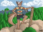 anthro bottomwear brown_body brown_fur clothing feet fur hair hiking male mountain shorts solo standing sweater topwear white_hair ayydeego canid canine canis domestic_dog mammal absurd_res hi_res