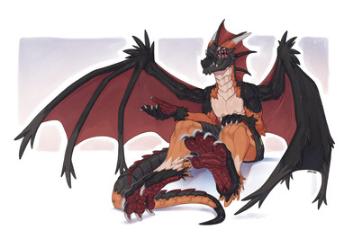 anthro black_body black_scales bottomwear claws clothed clothing digitigrade eye_scar facial_scar feet foot_focus full_foot_pawpads full_pad horn male male_anthro orange_body orange_eyes orange_scales padded_palms pawpads paws red_body red_pawpads red_scales red_soles scales scar shorts shorts_only solo tail toe_claws topless topless_anthro topless_male wings t-fruit mythology ra'zim dragon mythological_creature mythological_scalie scaled_dragon scalie 2026 absurd_res hi_res