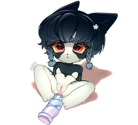 accessory anal anal_penetration anthro anthro_penetrated biped black_nose blue_ears blue_eyebrows blue_flower blue_hair bodily_fluids braided_hair chibi clitoral_hood clitoris ears_up eyebrows eyelashes female female_penetrated flower flower_in_hair genitals green_chest green_legs green_paws hair hair_accessory heart_nose heart_symbol long_eyelashes looking_up nude nude_anthro nude_female object_in_ass open_mouth paws penetration plant plump_labia red_eyes sex_toy sex_toy_in_ass sex_toy_insertion shadow simple_background small_mouth small_nose solo sweat sweaty_face sweaty_legs transparent_sex_toy vulva white_background yellow_sclera young young_anthro young_female young_penetrated bimbo4ka felid mammal 2024 colored digital_drawing_(artwork) digital_media_(artwork) hi_res signature