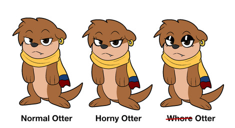 black_eyes black_eyeshadow black_nose brown_body brown_fur comparing ear_piercing ear_ring eyelashes eyeshadow fangs female feral fur half-closed_eyes humor looking_at_viewer makeup narrowed_eyes piercing ring_piercing simple_background solo tail teeth text white_background revov monica_bia_(revov) mammal mustelid otter english_text hi_res