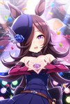 alternative_fashion brown_hair clothed clothing confetti dress female gesture hair hair_over_eye hat headgear headwear heart_gesture heart_symbol j-fashion japanese_idol one_eye_obstructed open_mouth purple_eyes solo tomo_(tmtm_mf_mf) cygames uma_musume_pretty_derby rice_shower_(pretty_derby) animal_humanoid equid equid_humanoid equine equine_humanoid horse_humanoid humanoid mammal mammal_humanoid 2021 hi_res