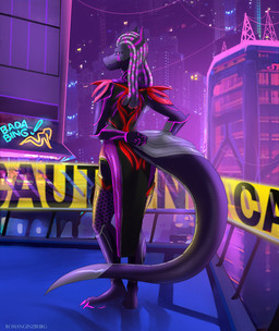 anthro biped black_body black_scales black_sclera city cityscape claws clothed clothing cybernetics cyberpunk dreadlocks female looking_at_viewer looking_back machine purple_eyes rear_view scales solo standing tail text romanginzburg mythology dragon mythological_creature mythological_scalie scalie 2020 english_text hi_res signature
