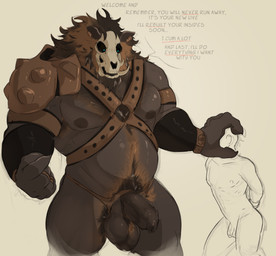 anthro armor ball_tuft balls big_balls blue_eyes bone brown_body brown_fur dialogue dominant dominant_anthro dominant_male duo flaccid foreskin fur genitals grabbing_head harness head_grab human_on_anthro humanoid_genitalia humanoid_penis interspecies larger_dom larger_male long_foreskin male male/male male_on_anthro male_on_human musclegut muscular muscular_anthro muscular_male nipples nude nude_male pauldron penis simple_background size_difference skull skull_head slave smaller_human smaller_male solo_focus submissive submissive_male text thick_penis tuft tusks unretracted_foreskin andrefil360 borge_(andrefil360) human mammal monster english_text