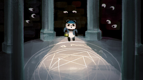 anthro backpack being_watched black_body black_fur chibi clothed clothing darkness detailed_background disembodied_eyes fur group hat headgear headwear looking_at_another magic magic_circle pillar solo_focus standing white_body white_fur araru bear giant_panda mammal 16:9 2020 hi_res widescreen