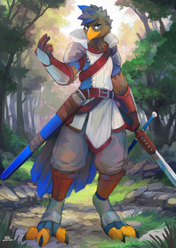 5_fingers anthro black_body black_feathers blue_body blue_feathers bottomwear clothing feathers fingers forest holding_melee_weapon holding_object holding_sword holding_weapon male melee_weapon multicolored_body multicolored_feathers pants plant scenery solo sword text topwear tree weapon plive avian bird 2023 absurd_res artist_name dated hi_res signature