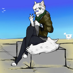 ambient_silhouette anthro beach block building claws clothed clothing day detailed_background fangs flag fur gesture green_eyes group hand_gesture inner_ear_fluff looking_at_viewer markings outside paws sand sea seaside silhouette simple_background sky solo_focus teeth tuft v_sign water white_body white_fur mrepicferret ambient_bird ambient_flier avian bird canid canine canis domestic_dog mammal 1:1 hi_res