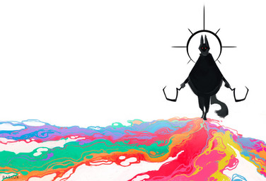 ambiguous_gender anthro black_clothing black_halo cloak clothed clothing dot_eyes dual_wielding ears_up front_view glowing glowing_eyes halo holding_object holding_weapon long_ears pointy_ears poncho prick_ears rainbow_colors red_eyes sickle silhouette simple_background simple_eyes solo standing tail weapon white_background barssyk dreamworks puss_in_boots_(franchise) death_(puss_in_boots) canid canine canis mammal wolf colorful_theme digital_media_(artwork) digital_painting_(artwork) lineless painting_(artwork) signature