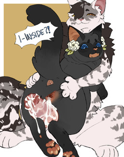 amber_eyes anus blue_eyes blush bodily_fluids cum cum_drip cum_inside cum_on_penis dialogue disability dripping duo excessive_cum excessive_genital_fluids female feral feral_on_feral flower fur gardenia_(flower) genital_fluids genitals grey_body grey_fur male male/female multicolored_body multicolored_fur pawpads penile_spines penis plant shocked smug spread_vulva spreading text vulva anglwshot warriors_(book_series) cinderpelt_(warriors) fan_character domestic_cat felid feline felis mammal english_text hi_res
