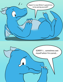 ambiguous_gender ambiguous_pred apology asking asking_another bodily_fluids covering covering_mouth dialogue feral holding_belly horn lying membrane_(anatomy) membranous_wings multiple_prey name_drop name_in_dialogue offscreen_character on_back question solo speech_bubble tail talking_to_another tears text vore wings yes-no_question zipper_(artist) mythology zipper_(character) dragon mythological_creature mythological_scalie scalie english_text hi_res