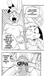 anthro breasts comic cookie_(furryfight_chronicles) daigaijin dialogue duo english_text exclamation_point female furryfight_chronicles hi_res lagomorph leporid mammal monochrome muko rabbit rodent sciurid size_difference text tree_squirrel