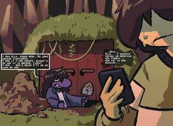 anthro black_hair bodily_fluids brown_hair bunker clothed clothing dialogue digging dirt door duo female forest forest_background frown grass hair hole_(pit) locked_door long_hair nature nature_background offscreen_character outside plant purple_body purple_scales reality_ensues scales sharp_teeth shovel speech_bubble sweat teeth text tools tree uhoh vines rouughnix deltarune mythology undertale_(series) kris_(deltarune) dragon human mammal monster mythological_creature mythological_scalie scalie english_text nonbinary_(lore)