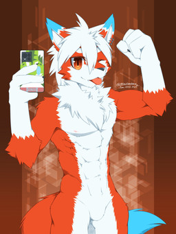 abs anthro biceps blep cellphone ear_piercing electronics fist flexing flexing_bicep fur genitals gradient_background hair holding_object holding_phone male markings mirror_selfie multicolored_body muscular muscular_male navel nipples nude obliques one_eye_closed pattern_background pecs penis phone piercing pose posing_for_picture red_body red_eyes red_fur selfie simple_background smartphone solo tongue tongue_out tuft two_tone_body white_body white_fur white_hair wink akino-kamihara tobi_(tobisundayo) canid canine mammal 3:4 absurd_res hi_res signature