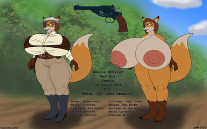anthro armor belt big_breasts blue_eyes boots breasts brown_body brown_clothing brown_fur brown_hair clothing collared_shirt dipstick_ears dipstick_limbs dipstick_tail dress_shirt ear_markings eyewear female footwear fur glasses gun hair hair_bun handgun headgear helmet holster huge_breasts hyper hyper_breasts long_hair markings multicolored_ears nipple_outline nipples nude orange_body orange_fur pink_nipples pith_helmet ranged_weapon revolver shirt shoes solo tail tail_markings tan_body tan_clothing tan_fur text topwear weapon white_clothing panzerschreckleopard webley_(pistol) amelia_andilet canid canine fox mammal 16:10 2025 absurd_res colored english_text hi_res model_sheet widescreen