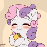 :3 blush eating eyes_closed female feral food hair holding_food holding_object horn multicolored_hair nom smile solo taco two_tone_hair symbianl friendship_is_magic hasbro my_little_pony mythology sweetie_belle_(mlp) equid equine mammal mythological_creature mythological_equine unicorn 1:1 2020 2d_animation animated frame_by_frame hi_res short_playtime