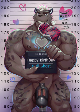 anthro balls barazoku big_penis black_nose black_spots blue_eyes bodily_fluids brown_body brown_fur chart chastity_cage chastity_device chest_markings claws clothing cum finger_claws forearm_muscles fur furgonomic_hat furgonomic_headwear furgonomics genital_fluids genitals hair happy_birthday hat headgear headwear heart_(marking) height_chart jail_placard leaking_cum male markings melanistic mostly_nude mugshot muscular muscular_anthro muscular_male nipple_piercing nipple_ring nipples pattern_clothing pattern_hat pattern_headgear pattern_headwear pecs penis piercing red_clothing red_hat red_headwear ring_piercing small_waist solo spots spotted_body spotted_fur striped_clothing striped_hat striped_headgear striped_headwear stripes teeth text thick_thighs vein veiny_penis white_hair wide_hips manothesea rubido_(null-ghost) felid leopard mammal pantherine 2025 absurd_res english_text hi_res