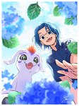 blue_eyes blue_hair clothing cute_fangs duo feral flower green_eyes hair hydrangea long_hair looking_down male plant polo_shirt red_hair shirt smile topwear pqtiger bandai_namco digimon joe_kido digimon_(species) gomamon human mammal 3:4 hi_res