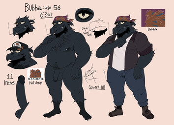 anthro arm_hair balls barbell_piercing beak beard big_penis black_balls black_beak black_beard black_body black_eyebrows black_facial_hair black_fur black_penis body_hair bottomwear brown_eyes chest_hair cigarette clothed clothing cracked_beak denim denim_bottomwear denim_clothing erection eyebrows facial_hair flaccid footwear foreskin fur genitals hat headgear headwear humanoid_genitalia humanoid_penis jeans kerchief male mature_male nipple_barbell nipple_piercing nipples open_clothing open_shirt open_topwear pants partially_retracted_foreskin penis piercing pubes retracted_foreskin shirt shoes smoking solo tail teeth teeth_showing text topwear elfein bubba_(elfein) avian bird corvid corvus_(genus) crow oscine passerine absurd_res english_text hi_res model_sheet