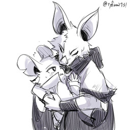 anthro bat_nose big_ears clothed clothing duo female fully_clothed hug interspecies larger_male longcoat male male/female notched_ear size_difference smaller_female smile tyfna2731 mina_the_hollower yacht_club_games mina_(mina_the_hollower) thorne_(mina_the_hollower) bat mammal mouse murid murine rodent 1:1 sketch