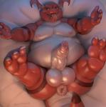 3_toes 4_fingers anthro anus balls bandai_namco bed belly bodily_fluids butt digimon digimon_(species) erection feet fingers foreskin furniture genitals guilmon guilmonboy hi_res humanoid_genitalia humanoid_penis king_felix long_foreskin looking_at_viewer lying male moobs musclegut muscular nipples nude on_back on_bed open_mouth overweight overweight_anthro overweight_male penis presenting presenting_anus presenting_penis puffy_anus scalie solo sweat sweaty_balls sweaty_genitalia toes tongue tongue_out unretracted_foreskin white_balls zonkpunch