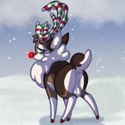 antlers backsack balls feral genitals glowing glowing_nose hooves horn lidded_eyes looking_back male red_nose snow snowing solo dragunsnack rudy_(dragunsnack) deer mammal new_world_deer reindeer 1:1 absurd_res hi_res
