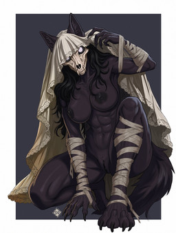 anthro areola bdsm black_body black_fur black_hair black_tail bondage bone bound breasts claws crouching female fingers fur genitals glowing glowing_eyes hair looking_at_viewer muscular muscular_anthro nipples nude nude_anthro nude_female simple_background skull solo tail teeth veil vulva moirah bloodborne fromsoftware scp_foundation sony_corporation sony_interactive_entertainment scp-1471-a vicar_amelia canid canine humanoid malo mammal absurd_res hi_res