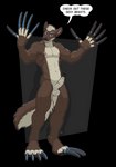 2016 alpha_channel anthro balls blue_eyes brown_body brown_fur canid canine claws dialogue digital_media_(artwork) ear_piercing english_text erection foreskin full-length_portrait fur genitals hair hand_fetish hi_res humanoid_genitalia humanoid_penis long_claws long_nails longblueclaw male mammal open_mouth penis piercing portrait simple_background solo standing tail tan_body tan_fur teeth text vein veiny_balls veiny_penis