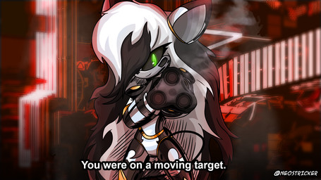 aiming_at_viewer anthro black_body black_hair detailed_background featureless_crotch female gatling_gun glistening glistening_body golden_markings green_eyes gun gun_arm hair holding_arm looking_at_viewer machine machine_gun minigun multicolored_body multicolored_hair one_eye_obstructed ranged_weapon round_ears smile solo text two_tone_body two_tone_hair weapon weapon_arm white_body white_hair neostricker thetis_(bonjolasermaster) android robot hi_res