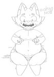 anthro belly big_belly blush bodily_fluids claws clothed clothing embarrassed fur male shaking simple_background solo sweat text tight_clothing trembling underwear phant0mhat digital_media_(artwork) hi_res monochrome sketch