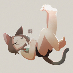 4_toes anthro barefoot black_tail bottomwear clothed clothing eyes_closed feet feet_in_air female lying on_back pink_inner_ear plantigrade simple_background smile soles solo tail toes topwear fu_go_fu_go felid feline felis mammal 1:1 hi_res