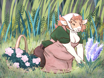 anthro apron big_breasts breasts cleavage clothed clothing curly_hair female flower garden gardening hair overweight overweight_anthro overweight_female plant solo backalleyarts qapricore kaari kaarina_salo cervine deer fallow_deer mammal 4:3 colored_sketch hi_res sketch