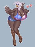 american_flag_bikini anthro beak big_breasts bikini blue_bottomwear blue_clothing blue_eyes blue_shorts boots bottomwear breasts brown_body brown_boots brown_clothing brown_feathers brown_footwear cleavage clothed clothing feathers female flag_bikini footwear gesture hand_gesture heart_symbol high_heeled_boots high_heels huge_breasts looking_at_viewer multicolored_body multicolored_feathers non-mammal_breasts open_mouth open_smile shoes shorts simple_background smile smiling_at_viewer solo swimwear tail two-piece_swimsuit two_tone_body two_tone_feathers v_sign white_body white_feathers yellow_beak nauth jane_(breegulleagle) accipitrid accipitriform avian bald_eagle bird eagle sea_eagle 2024 3:4 absurd_res hi_res