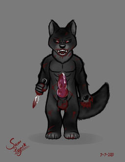 animal_genitalia animal_penis anthro balls black_body black_fur blood blood_on_face blood_on_hand blood_on_mouth blood_on_object blood_on_penis blood_on_weapon bodily_fluids canine_genitalia canine_penis dagger erection fangs fur genital_fluids genitals grey_background knife knot male melee_weapon nude penis precum red_eyes red_penis scar simple_background solo teeth weapon wolfalaska canid canine canis mammal wolf absurd_res hi_res