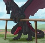 black_body feral genitals horn knot leaning_on_object male male_feral penis red_penis red_wings solo wings fatty_pryanik european_mythology mythology thurkearvyth dragon mythological_creature mythological_scalie scalie western_dragon animated short_playtime