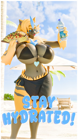 accessory anthro beach big_breasts bikini bikini_bottom bikini_top blue_eyes bodily_fluids border bottle breasts clothed clothing cloud condensation container female flower fur hair hand_fan huge_breasts looking_at_viewer open_mouth outside palm_tree plant simple_background sky solo stay_hydrated sun sweat swimwear text thick_thighs tree two-piece_swimsuit water water_bottle white_border yellow_body yellow_fur foxibiki morethreedee_(modeler) nintendo pokemon aurora_(nbanoob) generation_7_pokemon legendary_pokemon pokemon_(species) zeraora 3d_(artwork) 9:16 blender_(artwork) blender_cycles_(artwork) digital_media_(artwork) english_description english_text hi_res