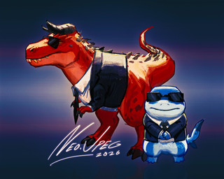 accessory anthro blue_body clothing duo eyewear feral fin horn male necktie red_body red_scales scales sharp_teeth suit sunglasses teeth neo_jpeg marvel marvel_rivals moon_girl_and_devil_dinosaur devil_dinosaur_(moon_girl_and_devil_dinosaur) jeff_the_land_shark aquatic dinosaur fish prehistoric_species reptile scalie shark absurd_res hi_res