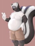 anthro belly big_belly black_body black_fur blue_eyes clothing fur hand_on_hip looking_at_viewer male overweight overweight_male shirt simple_background skunk_tail solo t-shirt topwear white_body white_clothing white_fur white_shirt white_topwear pandottermon skunktember cecil_(pandottermon) mammal mephitid skunk hi_res