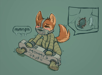 anal anal_penetration anthro balls blush bodily_fluids bound brown_body brown_fur buttplug buttplug_in_ass buttplug_insertion clothing crying cum diaper fur gag gagged genital_fluids genitals gimp_suit green_eyes heart_symbol internal male object_in_ass penetration penis plug_(sex_toy) plug_insertion restraints sex_toy sex_toy_in_ass sex_toy_insertion shaking simple_background solo stocks submissive submissive_male tears text young young_anthro young_male skidoo canid canine mammal digital_media_(artwork) english_text
