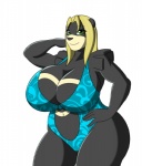 2016 anthro anthrofied bear big_breasts black_body black_fur black_nose blonde_hair breasts brown_body brown_fur clothed clothing curvy_figure fan_character female fur generation_2_pokemon green_eyes hair hand_on_hip huge_breasts looking_at_viewer lunis1992 mammal mature_anthro mature_female navel nintendo one-piece_swimsuit pokemon pokemon_(species) pokemorph raised_arm simple_background smile solo swimwear thick_thighs ursaring voluptuous white_background wide_hips ziva_royale