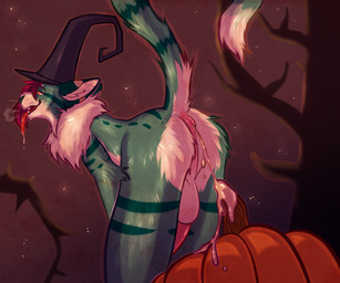 anal animal_genitalia animal_penis anthro anus arm_tuft balls bent_over bodily_fluids breath butt clothing costume drooling elbow_tuft food fruit fur genitals green_body green_fur hair halloween_costume hat headgear headwear holidays inner_ear_fluff looking_pleasured lube_in_ass lube_string male markings neck_tuft night open_mouth orange_eyes panting penis plant presenting presenting_anus pumpkin purple_hair raised_tail saliva smile solo spots spotted_markings striped_markings stripes tail teeth tongue tongue_out tree tuft whisker_markings whisker_spots whiskers white_body white_fur white_whiskers witch_hat pumaparlor halloween felid feline mammal serval digital_media_(artwork) hi_res