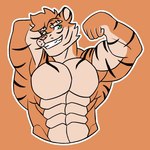 abs anthro biceps big_muscles flexing flexing_bicep flexing_muscles fur green_eyes lats_(muscle) male muscular muscular_male pecs smile solo striped_body striped_fur stripes dragonjourney remmy_(colt_wolf) felid feline mammal pantherine tiger 1:1