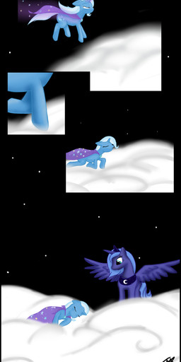 absurd_res blue_body blue_eyes blue_fur cape clothing cloud comic cutie_mark equid equine feathered_wings feathers female feral friendship_is_magic fur hair half-closed_eyes hasbro hi_res horn magic mammal multicolored_hair my_little_pony mythological_creature mythological_equine mythology narrowed_eyes night princess_luna_(mlp) spread_wings star theparagon trixie_(mlp) two_tone_hair unicorn winged_unicorn wings