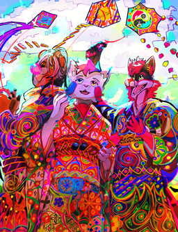 anthro blue_body blue_eyes blue_fur brown_body brown_fur countershading fur grey_body group hair male male/male text trio woof_bolw canid canine felid humanoid lion mammal pantherine colored hi_res