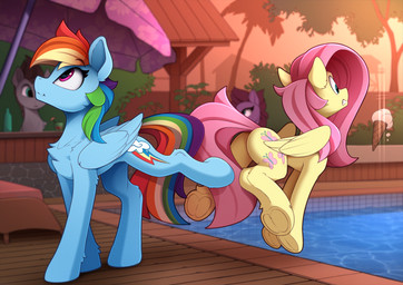 butt clenched_teeth cutie_mark dessert detailed_background duo_focus eyelashes female feral food group hair hooves ice_cream mean multicolored_hair multicolored_tail outside pink_eyes pink_hair plant poolside rainbow_hair rainbow_tail swimming_pool tail teal_eyes teeth tree underhoof water wings yakovlev-vad friendship_is_magic hasbro my_little_pony mythology fluttershy_(mlp) rainbow_dash_(mlp) equid equine mammal mythological_creature mythological_equine pegasus 2020 digital_media_(artwork) hi_res
