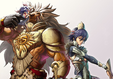 anthro armor backup blue_hair brown_hair carrying_another chibi clothing fangs female gloves grin group hair handwear male muscular red_eyes short_hair size_difference smile standing sun teeth young nekkeau felid human lion mammal pantherine