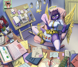 abdl anthro big_diaper bodily_fluids cat_stockings cat_tail clothed clothing cross diaper easter_egg female genital_fluids halo holidays inverted_cross orange_eyes purple_body solo text unclean_diaper urine used_diaper using_diaper wearing_diaper wet_diaper wetting wetting_diaper arita_tian easter helltaker azazel_(helltaker) domestic_cat felid feline felis mammal absurd_res hi_res russian_text translation_check translation_request